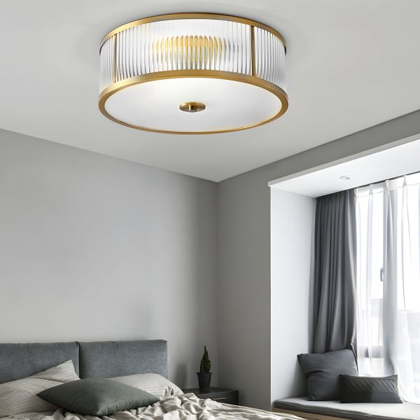 Drum Brass Flush Mount Ceiling Light Clear Ribbed Glass Lamp for Bedroom - Image 4