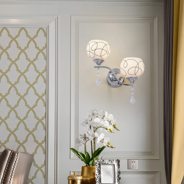Modern 2-Light Open Sphere Wall Sconce with Crystal Pendants - Image 3