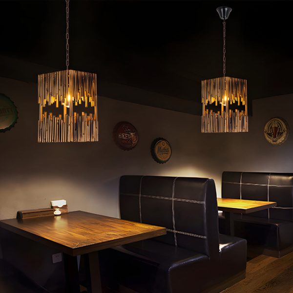Retro Wood Bamboo Tube Cuboid Pendant Light - 1-Light Suspension Lamp - Image 3