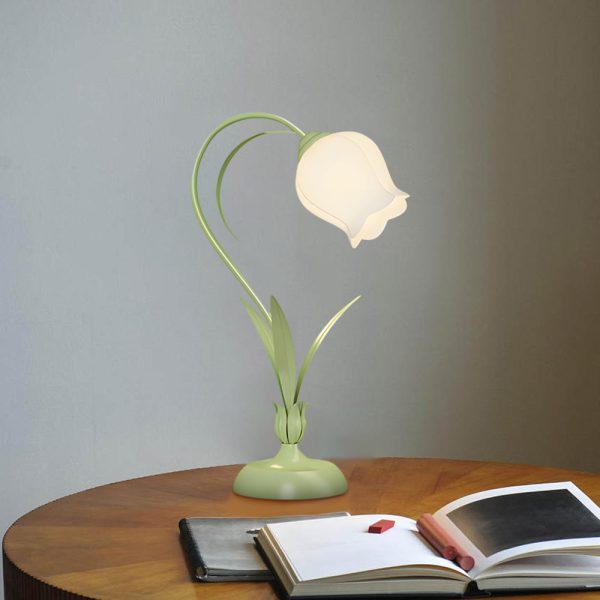 Rustic Green Desk Lamp with White Floral Shade and 3-Step Dimming for Homes - Image 2