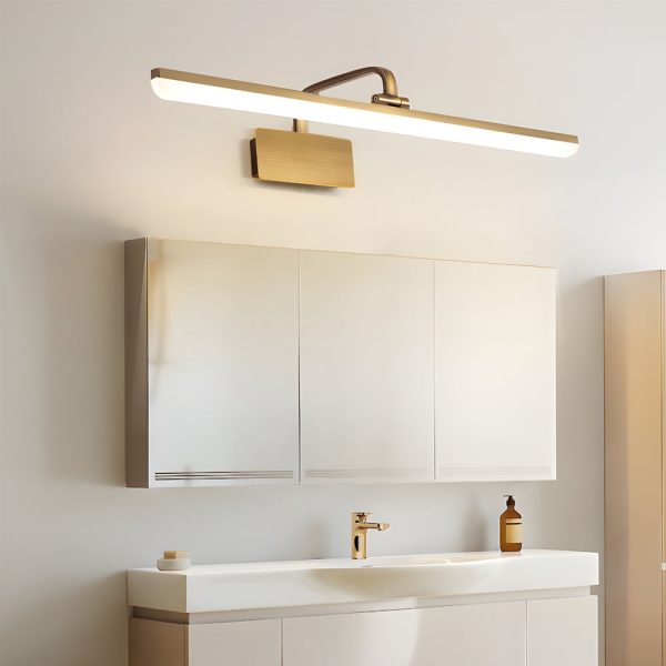 Brass Linear LED Bathroom Vanity Light with Curved Rod Design Elegant Mirror Fixture - Image 3