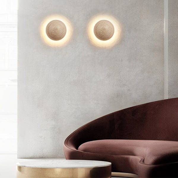 Japanese Style Travertine Stone Round LED Wall Sconce - Image 2