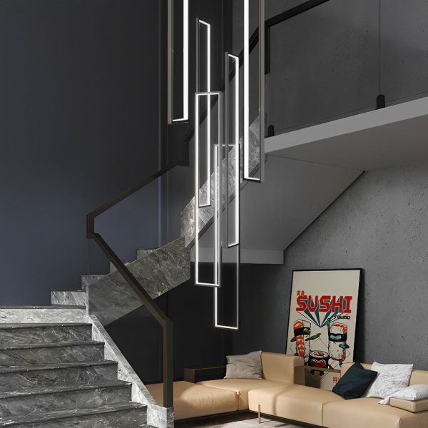 6 Rectangular Frame Aluminum LED Black Nordic Duplex Stair Chandelier - Image 2