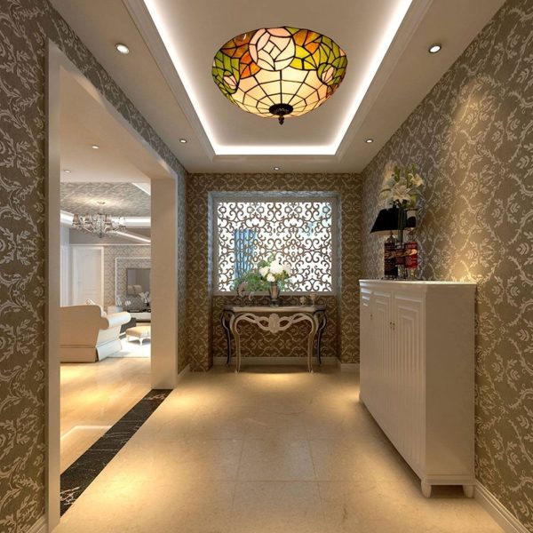 Tiffany European Retro Creative Stained Glass Rose Pattern Design 3-Light Flush Mount Light - Image 9