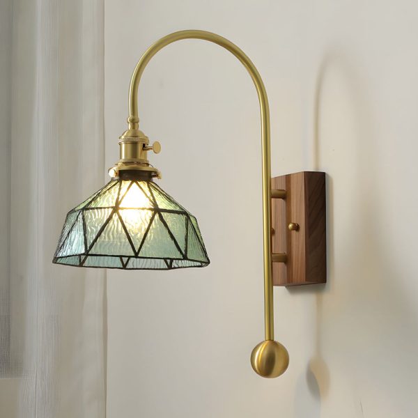 1 Head Vintage Brass Wall Light Glass Shade High Arm Wall Lamp - Image 2