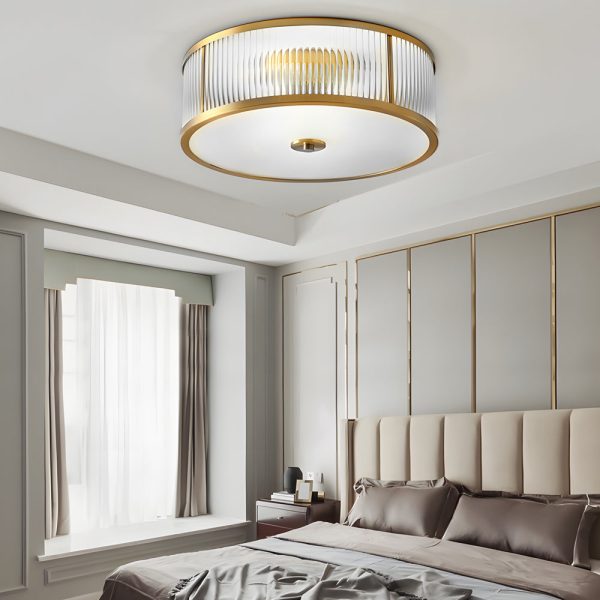 Drum Brass Flush Mount Ceiling Light Clear Ribbed Glass Lamp for Bedroom - Image 2