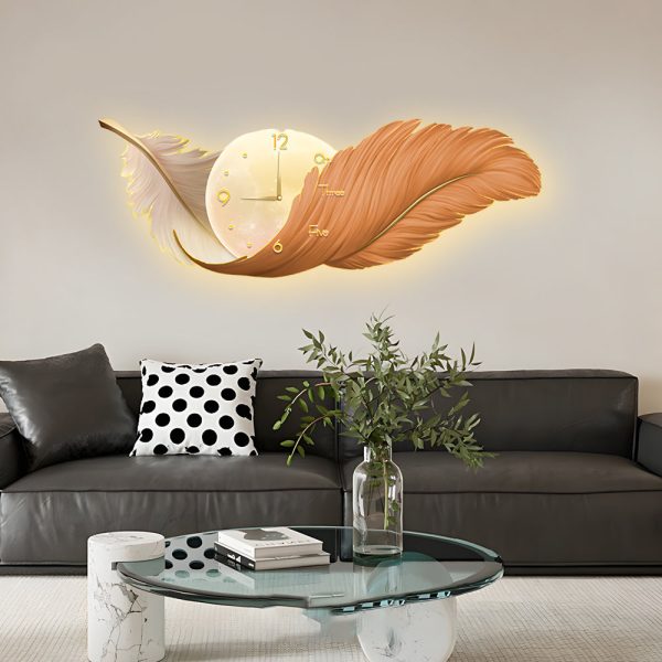 2-In-1 Wall Feather Painting Hanging Decor LED Wall Lamp Wall Clock - Image 2
