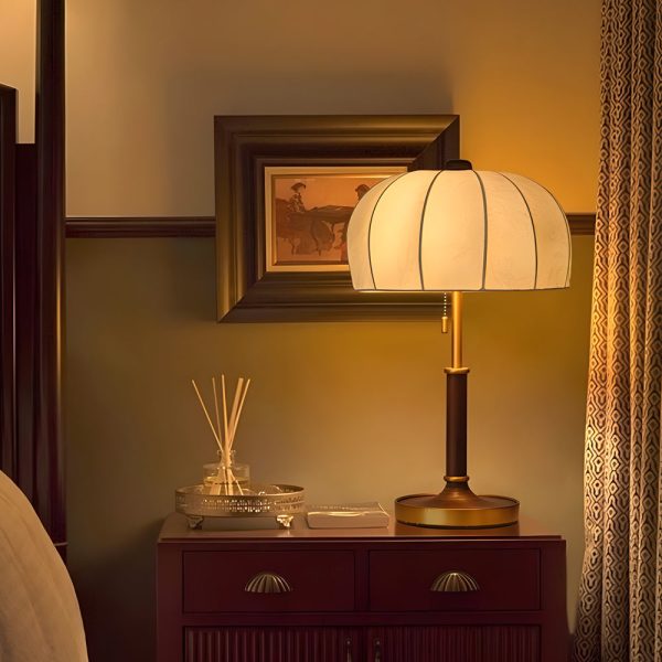 Retro Brass Dome Fabric Table Lamp Pull Chain Bedroom Lamp - Image 2
