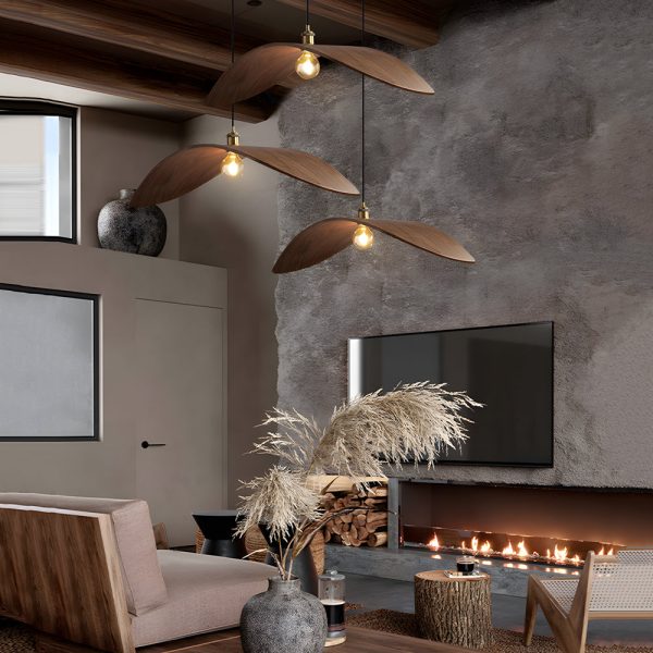 Wabi-sabi Walnut Bar Chandelier Leaf Curve Wooden Pendant Light - Image 3