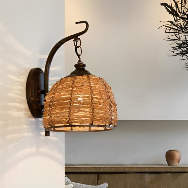 Hand Weaving Rattan Grass Iron Retro Rustic Wall Lamp Wall Light Fixture - Image 4