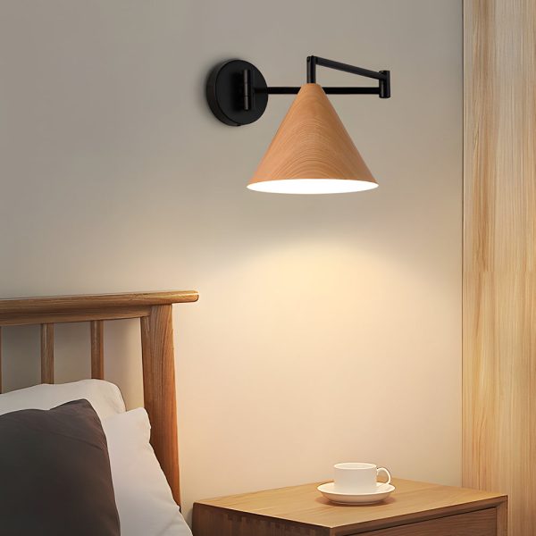 Cone Shaped Swing Arm Wall Sconces - 1-Light Wood Wall Mount Light - Image 2