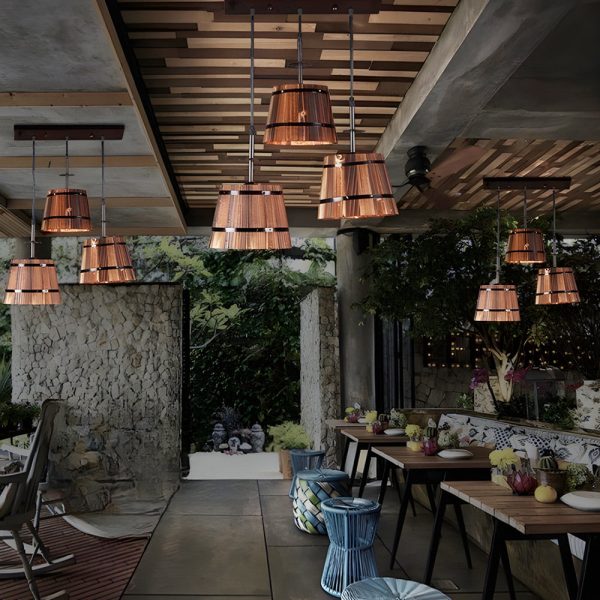 1/3-Light Rustic Wood Bucket Shade Pendant Lighting for Cafe Bar - Image 3