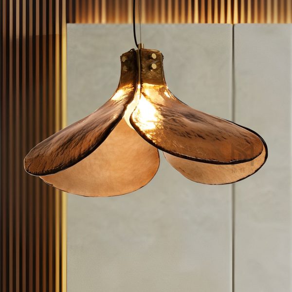 Four-leaf Flower Design Glass Copper Brown Retro Chandelier Hanging Lamp - Image 3