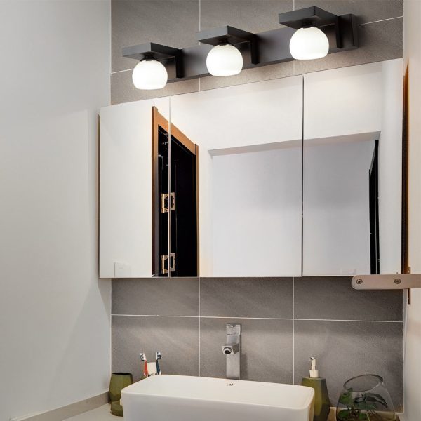2/3-Light Wood Bathroom Vanity Light with Adjustable Iron Spotlight and Fixed Glass Shades - Image 5