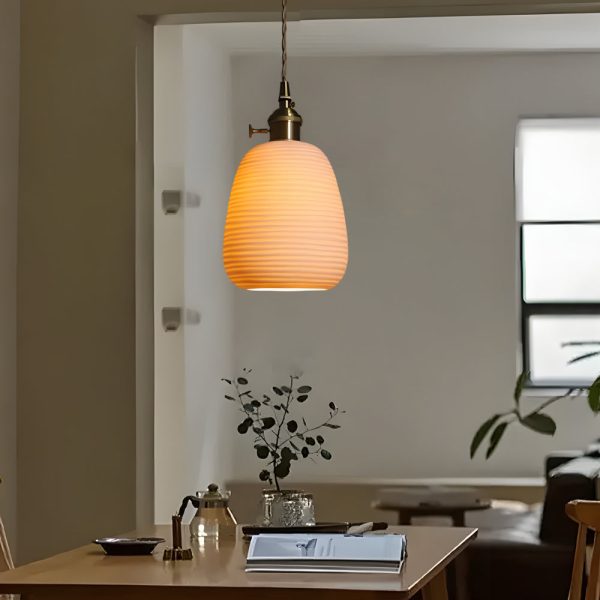 Round Striped Handmade Ceramic Shade Brass Ins Japanese Style Chandelier - Image 3