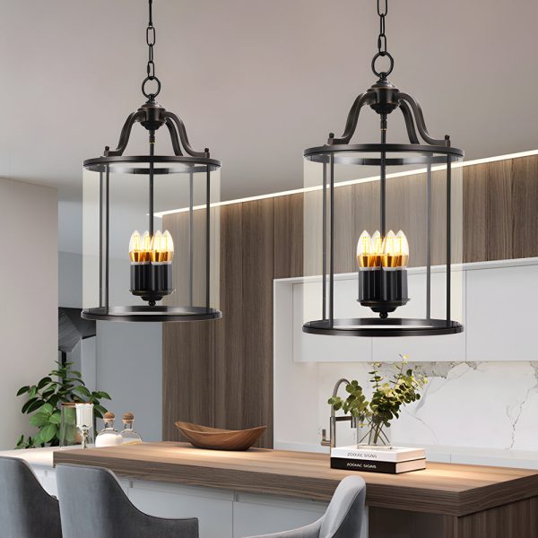 3/4-Light Candlelight Vintage Cylinder Glass Lantern Pendant Light - Black - Image 3