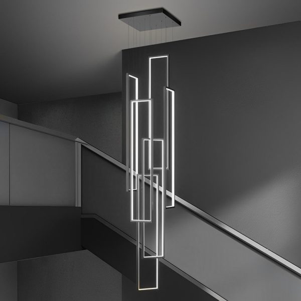 6 Rectangular Frame Aluminum LED Black Nordic Duplex Stair Chandelier - Image 4