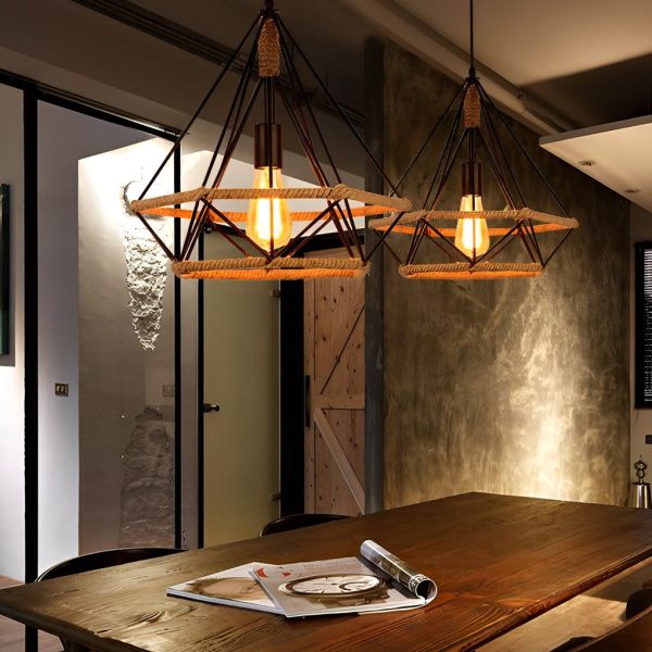 Geometric Creative Iron Rope Lantern Shape Black Rustic Chandelier Pendant Lights - Image 6