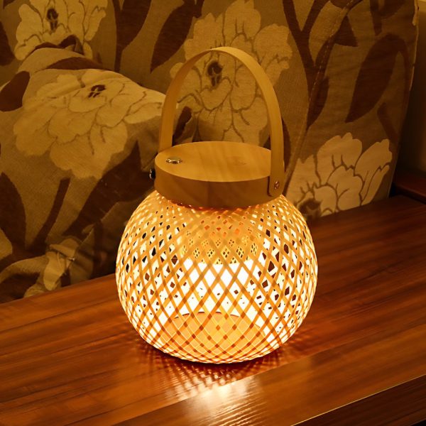 Rustic Portable Woven Bamboo Lantern Table Lamp with Handle - Image 2