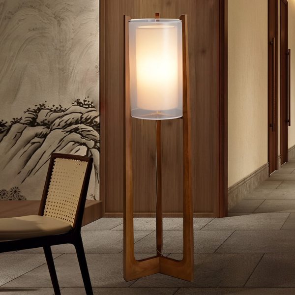 Rustic Japanese-style Wood Standing and Double Shaded LED Floor Lamp - Image 3