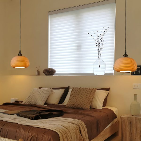 Round Striped Handmade Ceramic Shade Brass Ins Japanese Style Chandelier - Image 2