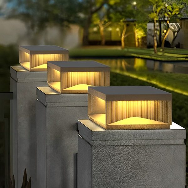 Square Metal Striped Decor LED Waterproof Black Solar Fence Post Light - Image 5