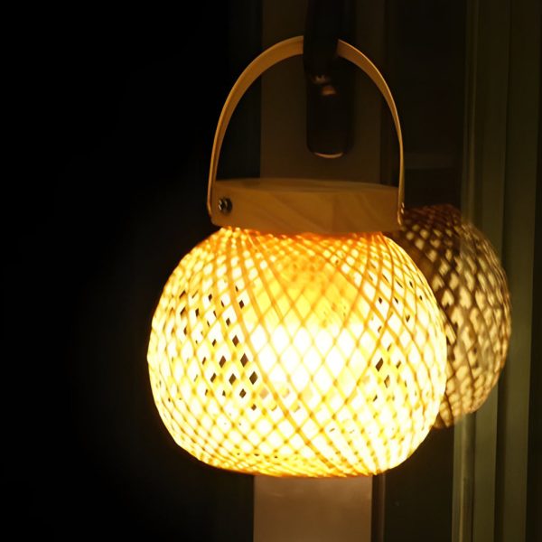 Rustic Portable Woven Bamboo Lantern Table Lamp with Handle - Image 3