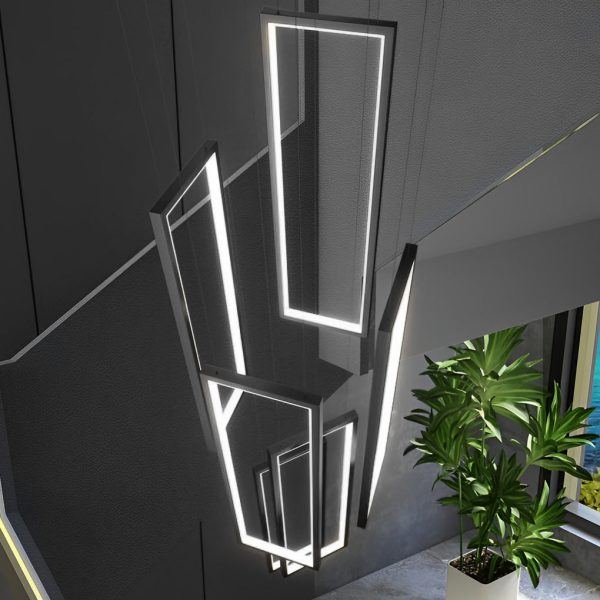 6 Rectangular Frame Aluminum LED Black Nordic Duplex Stair Chandelier - Image 6