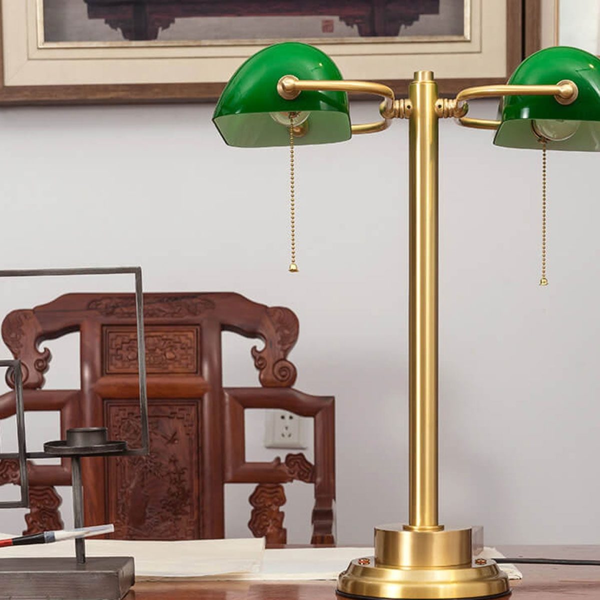 Vintage Green All Brass 2-Light Bank Pull Cord Touch Table Lamp - Image 17