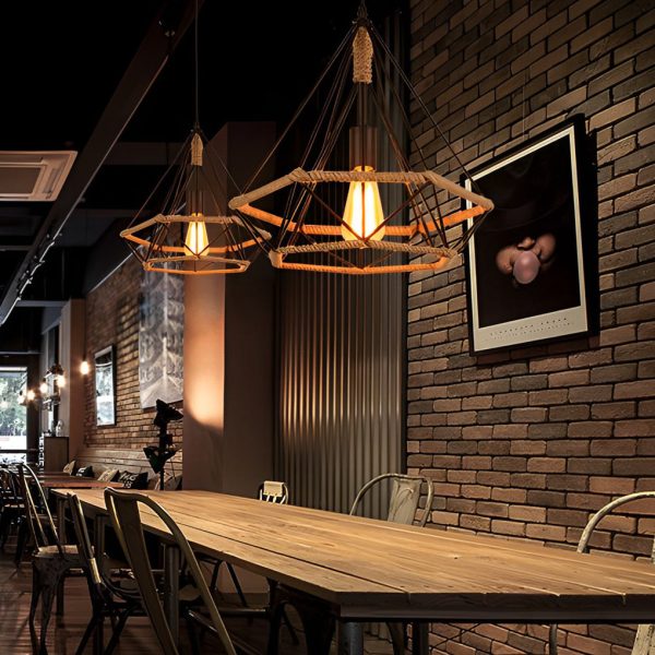 Geometric Creative Iron Rope Lantern Shape Black Rustic Chandelier Pendant Lights - Image 5