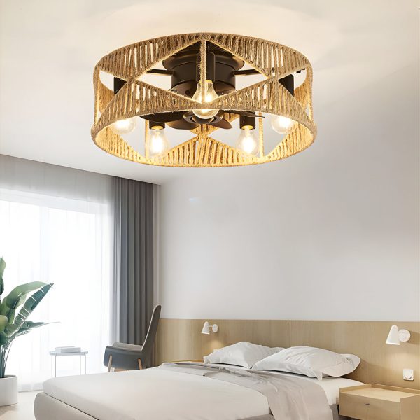 20-in Hemp Rope-Woven Caged Ceiling Fan with Light and Remote, 6-Speed - Image 4