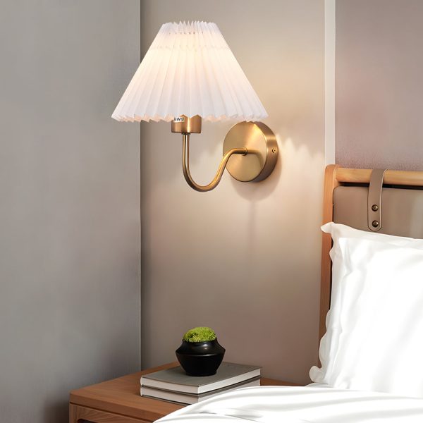 Vintage 1-Light Dimmable Metallic Armed Sconce with Pleated Fabric Shade - Image 3