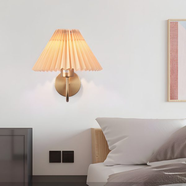 Vintage 1-Light Dimmable Metallic Armed Sconce with Pleated Fabric Shade - Image 6