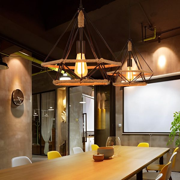 Geometric Creative Iron Rope Lantern Shape Black Rustic Chandelier Pendant Lights - Image 4