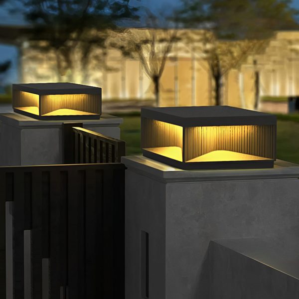 Square Metal Striped Decor LED Waterproof Black Solar Fence Post Light - Image 6