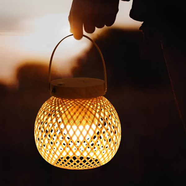 Rustic Portable Woven Bamboo Lantern Table Lamp with Handle - Image 4