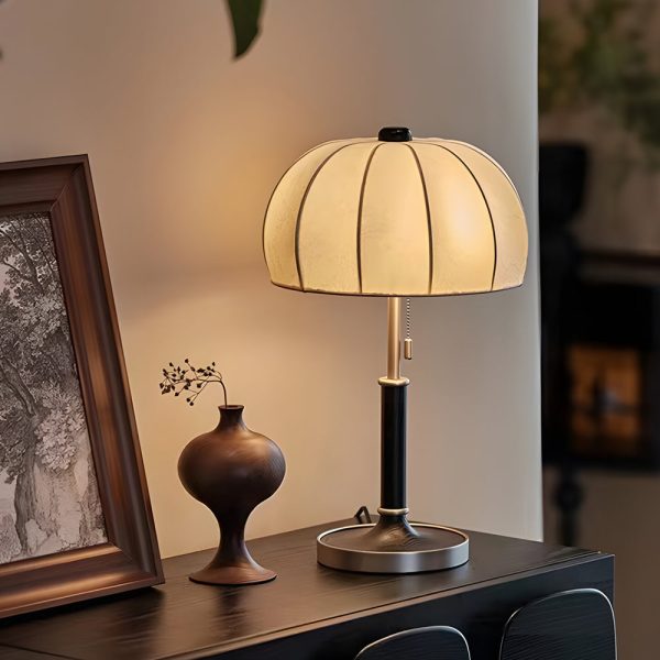 Retro Brass Dome Fabric Table Lamp Pull Chain Bedroom Lamp - Image 6
