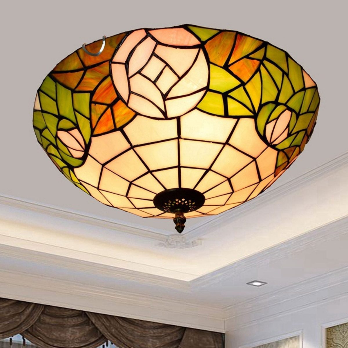 Tiffany European Retro Creative Stained Glass Rose Pattern Design 3-Light Flush Mount Light - Image 1