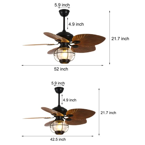 42/52-Inch LED Tropical 5 Brown Blades Reversible Ceiling Fan Light with Remote Control - Image 7