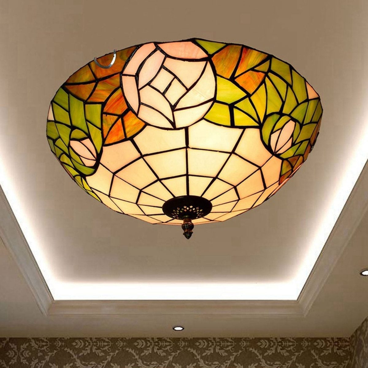 Tiffany European Retro Creative Stained Glass Rose Pattern Design 3-Light Flush Mount Light - Image 8