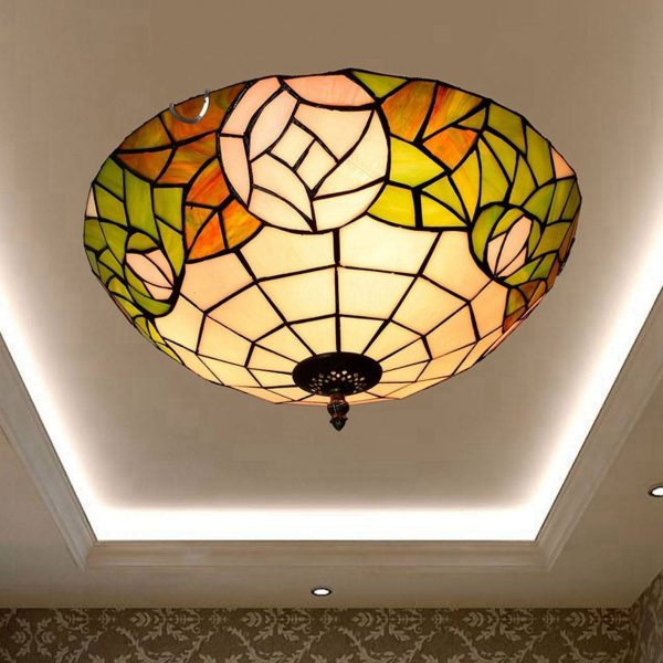 Tiffany European Retro Creative Stained Glass Rose Pattern Design 3-Light Flush Mount Light - Image 8