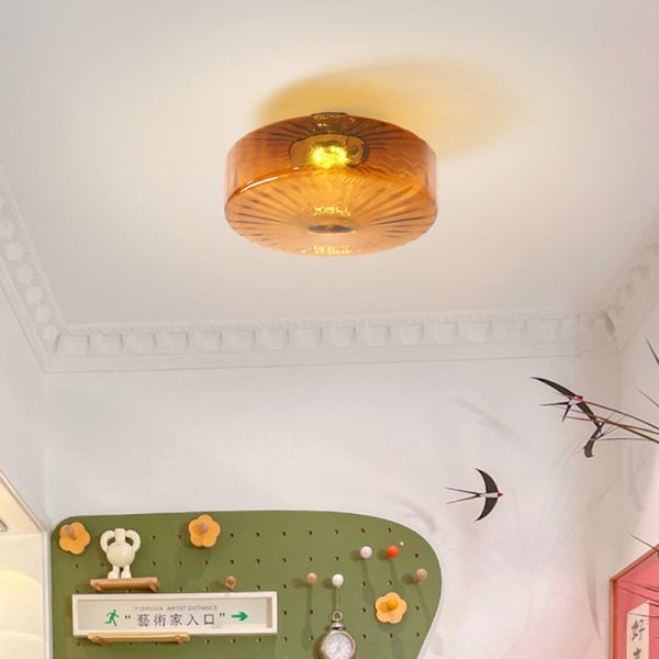 Traditional Rustic Iron Glass Round LED Semi-Flush Mount Ceiling Light For Living Room Or Bedroom