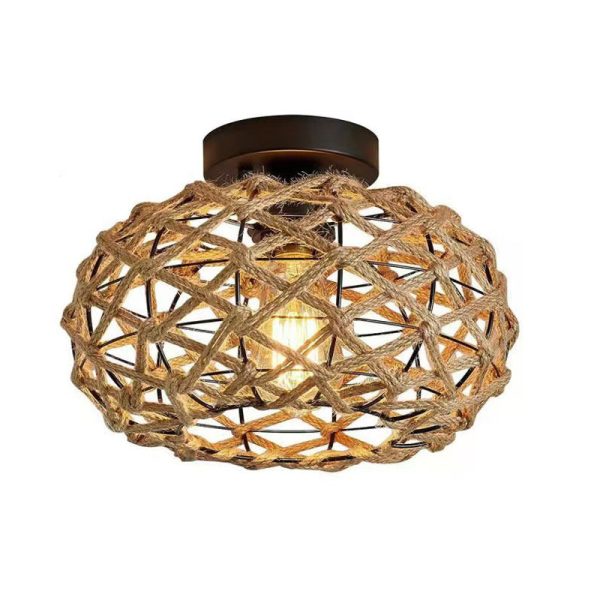 Traditional Rustic Iron & Rattan Woven Round 1-Light Semi-Flush Mount Ceiling Light For Bedroom & Living Room - Image 6