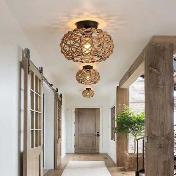 Traditional Rustic Iron & Rattan Woven Round 1-Light Semi-Flush Mount Ceiling Light For Bedroom & Living Room - Image 7