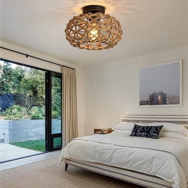 Traditional Rustic Iron & Rattan Woven Round 1-Light Semi-Flush Mount Ceiling Light For Bedroom & Living Room - Image 5