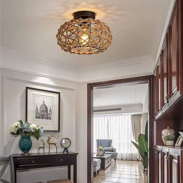 Traditional Rustic Iron & Rattan Woven Round 1-Light Semi-Flush Mount Ceiling Light For Bedroom & Living Room - Image 3
