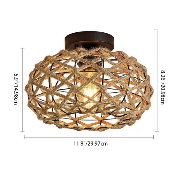 Traditional Rustic Iron & Rattan Woven Round 1-Light Semi-Flush Mount Ceiling Light For Bedroom & Living Room - Image 4