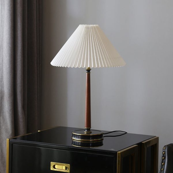 Modern Minimalist Metal Wood Pleated Fabric Cone Shade 1-Light Table Lamp For Living Room - Image 2