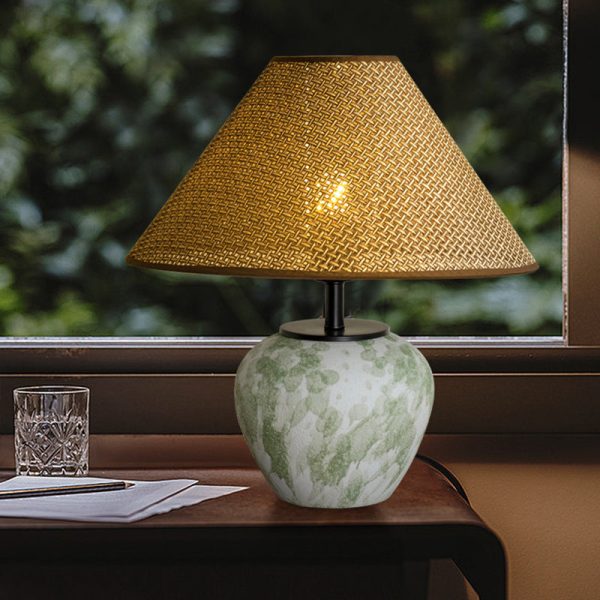 Traditional Chinese Ceramic Round Base Fabric Shade 1-Light Table Lamp For Living Room - Image 8