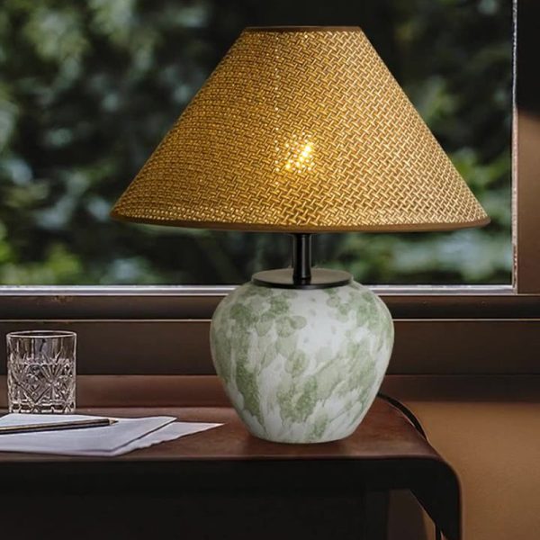 Traditional Chinese Ceramic Round Base Fabric Shade 1-Light Table Lamp For Living Room - Image 9